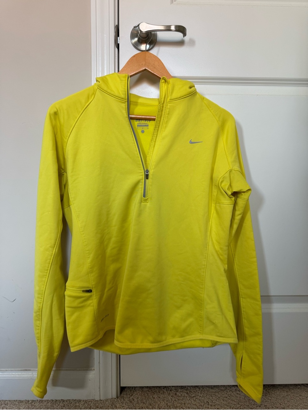 Nike Dri Fit Large Neon Yellow Hoodie Quarter Zip Hi Vis Fleece Lined